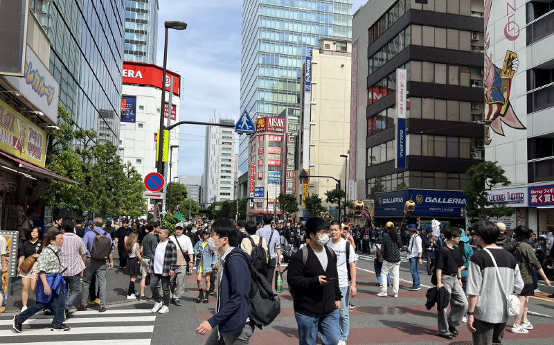 A view of the street in Akihabara, people everywhere