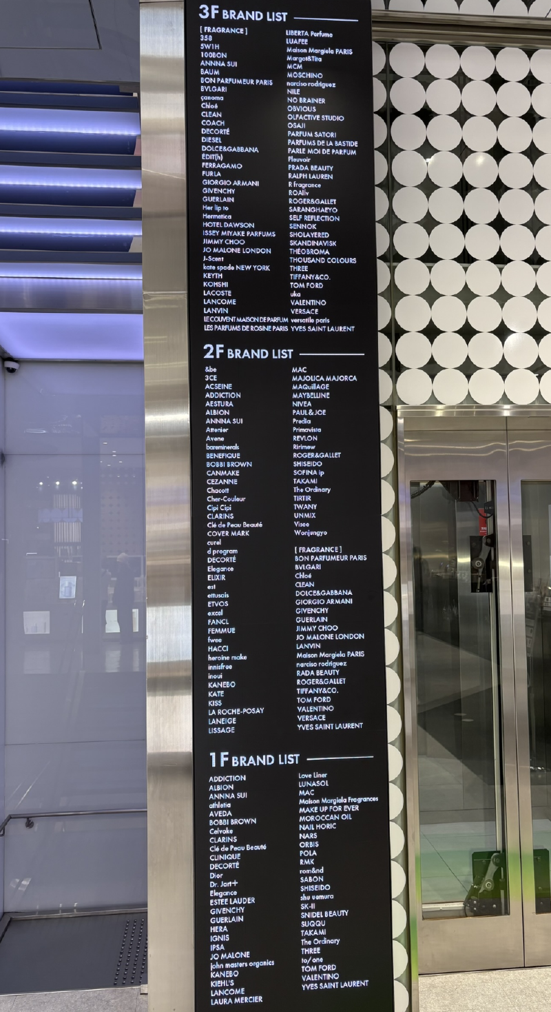 The list of brands available at Cosme in Harajuku